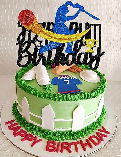 Confetti Cricket Theme Happy Birthday Cake Topper – Multilayer Glitter Cardstock – Cricket Player, Bat, Ball & Trophy – Sports Birthday Party Decoration - Image 4