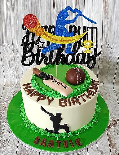 Confetti Cricket Theme Happy Birthday Cake Topper – Multilayer Glitter Cardstock – Cricket Player, Bat, Ball & Trophy – Sports Birthday Party Decoration - Image 5