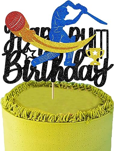 Confetti Cricket Theme Happy Birthday Cake Topper – Multilayer Glitter Cardstock – Cricket Player, Bat, Ball & Trophy – Sports Birthday Party Decoration - Image 1