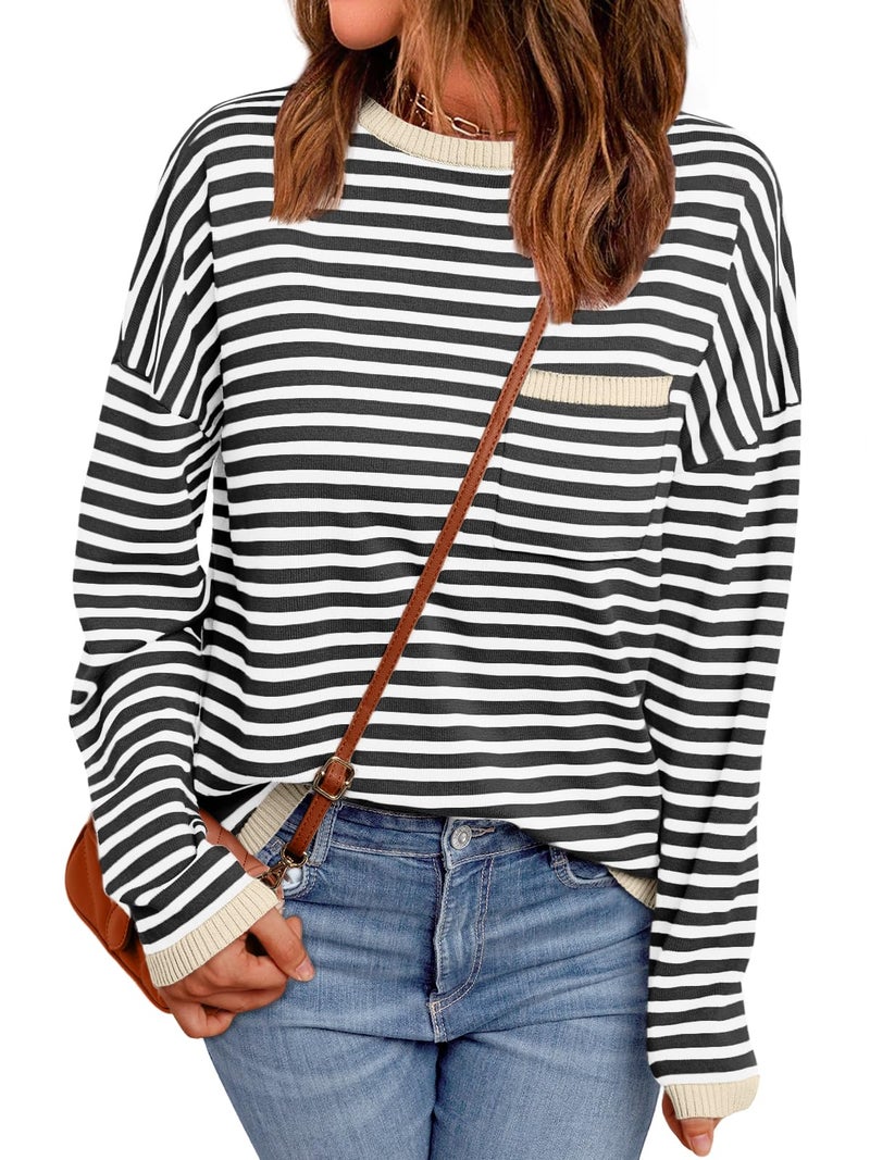 LILLUSORY Womens Sweaters 2025 Early Fall Fashion Must Have Clothes Outfits Striped Lightweight Oversized Ladies Cute Teacher Work Office Pullover Crewneck Long Sleeve Trendy Old Money Tops Clothing - Image 1