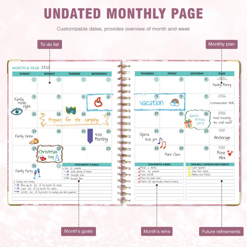 Ospelelf Undated Spiral Bound Planner Daily, Weekly and Monthly Planner, Pink Teacher Planners 12 Month 8.5 x 11 - Image 3