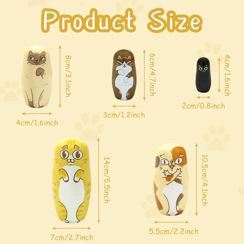 Winterworm Cartoon Cat Nesting Dolls5 Pieces Cat Kitty Wood Nesting Dolls Cute Animal Matryoshka Dolls Figurines Stacking Dolls Toy for Halloween Christmas Birthday Girl Boys Gift Home Decor - Image 2
