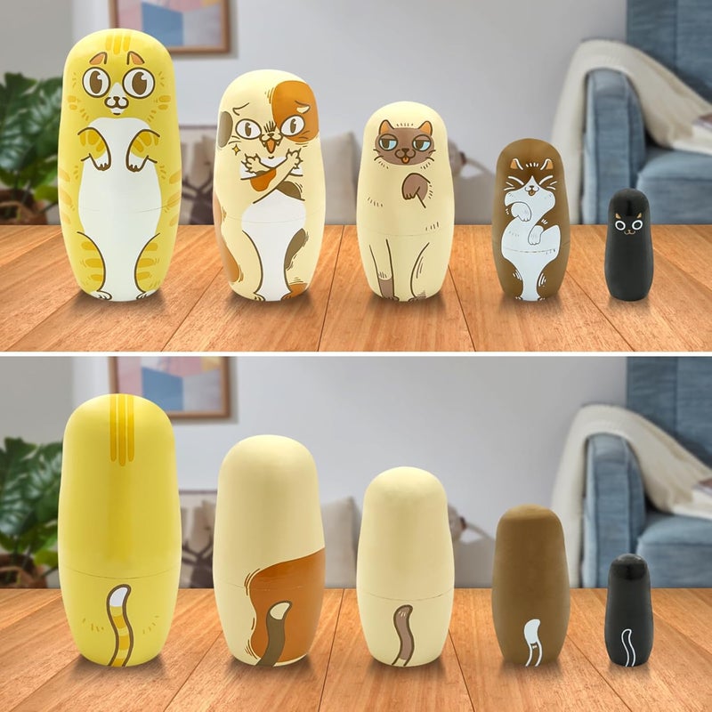Winterworm Cartoon Cat Nesting Dolls5 Pieces Cat Kitty Wood Nesting Dolls Cute Animal Matryoshka Dolls Figurines Stacking Dolls Toy for Halloween Christmas Birthday Girl Boys Gift Home Decor - Image 3