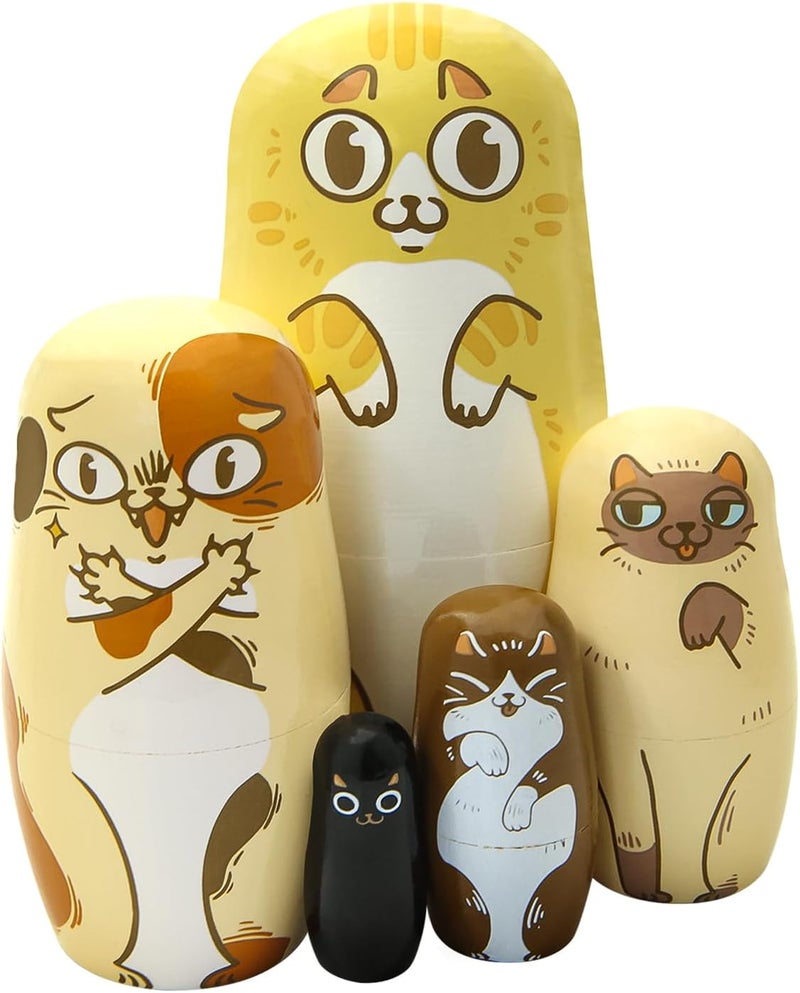 Winterworm Cartoon Cat Nesting Dolls5 Pieces Cat Kitty Wood Nesting Dolls Cute Animal Matryoshka Dolls Figurines Stacking Dolls Toy for Halloween Christmas Birthday Girl Boys Gift Home Decor - Image 1