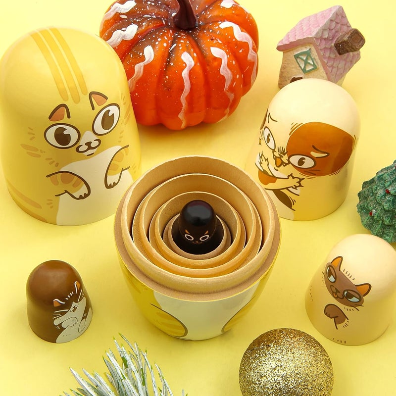 Winterworm Cartoon Cat Nesting Dolls5 Pieces Cat Kitty Wood Nesting Dolls Cute Animal Matryoshka Dolls Figurines Stacking Dolls Toy for Halloween Christmas Birthday Girl Boys Gift Home Decor - Image 5
