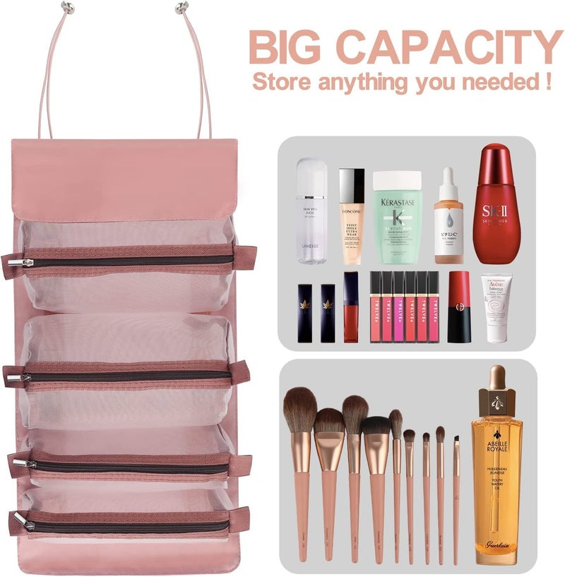 MURTISIDDH Roll Up Foldable Cosmetic Makeup Toiletry Storage Organizer Bag Kit Removable Mesh Pouch Rose Gold - Image 4