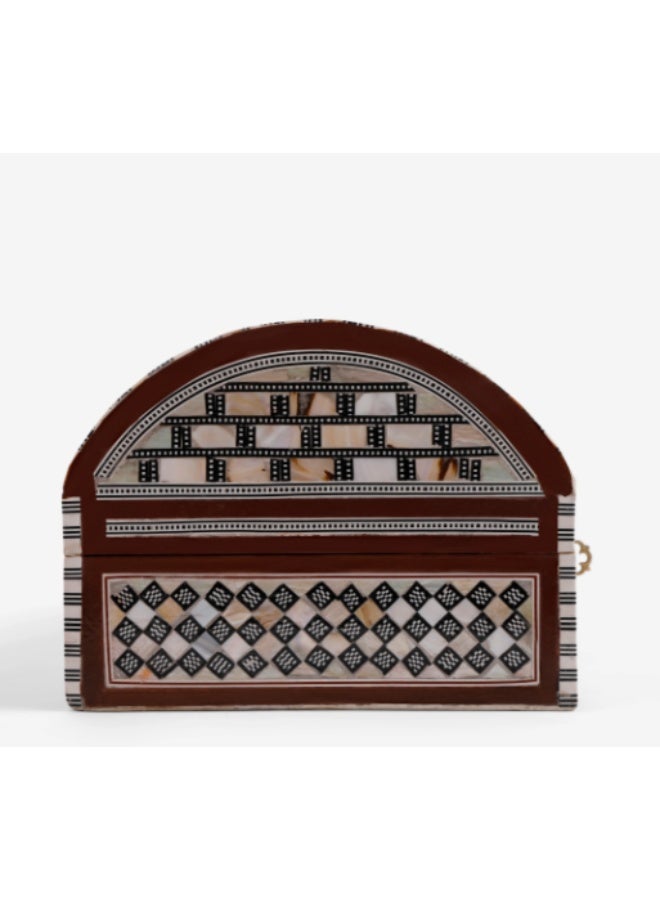 Handmade Domed Wooden Jewelry Box Inlaid with Natural Shell & Mother of Pearl with Key, Multicolor - Size 13 cm - Image 5