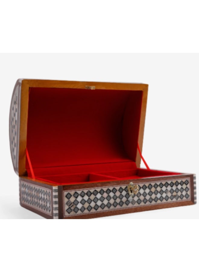 Handmade Domed Wooden Jewelry Box Inlaid with Natural Shell & Mother of Pearl with Key, Multicolor - Size 13 cm - Image 2