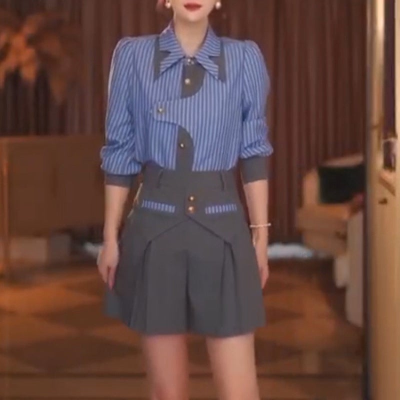 High-End Hong Kong Style Fashion Suit 2025 Striped Spring New Socialite Shirt Two-Piece Skirt Set Shirt + shorts (high quality version)