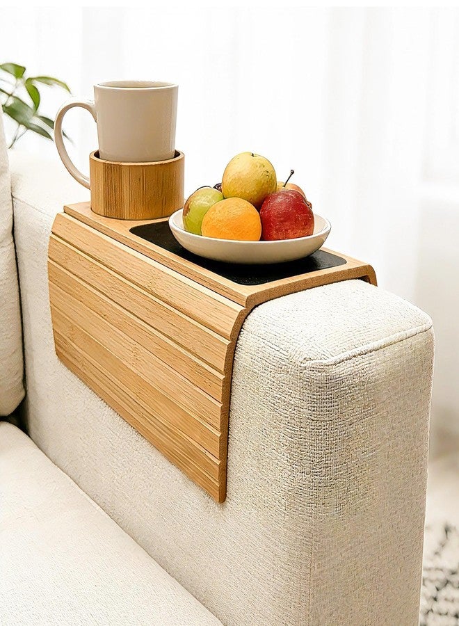 nestery Couch Armrest Table with Cup Holder - Bamboo Couch Cup Holder 3-in-1 Magnetic Detachable, Anti-Slip Foldable Sofa Arm Tray for Drink, Snack, Coffee, Mugs, Remote, Cellphone, Cup (Natural) - Image 1