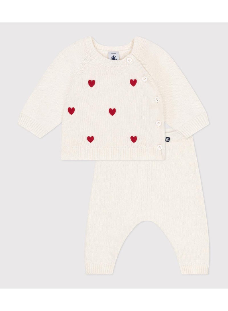 Petit Bateau Babies' two-piece knitted outfit with embroidered hearts - Image 1