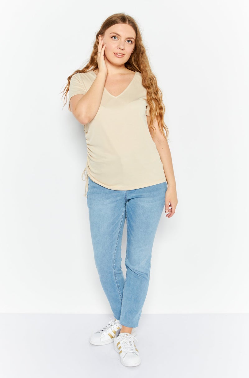 Reserved Women V Neck Short Sleeve Side Ruched Blouse, Beige  - Image 3