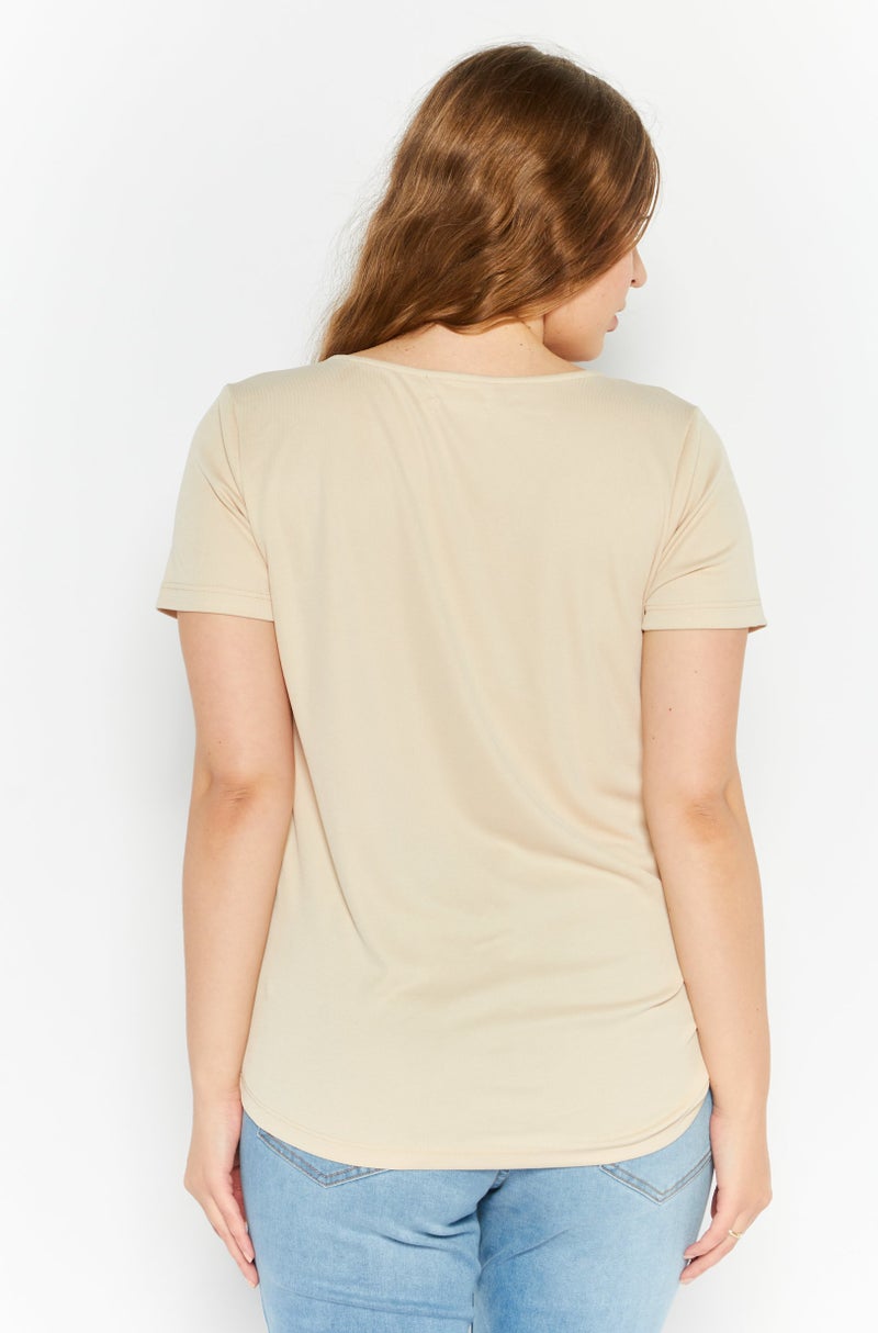 Reserved Women V Neck Short Sleeve Side Ruched Blouse, Beige  - Image 4