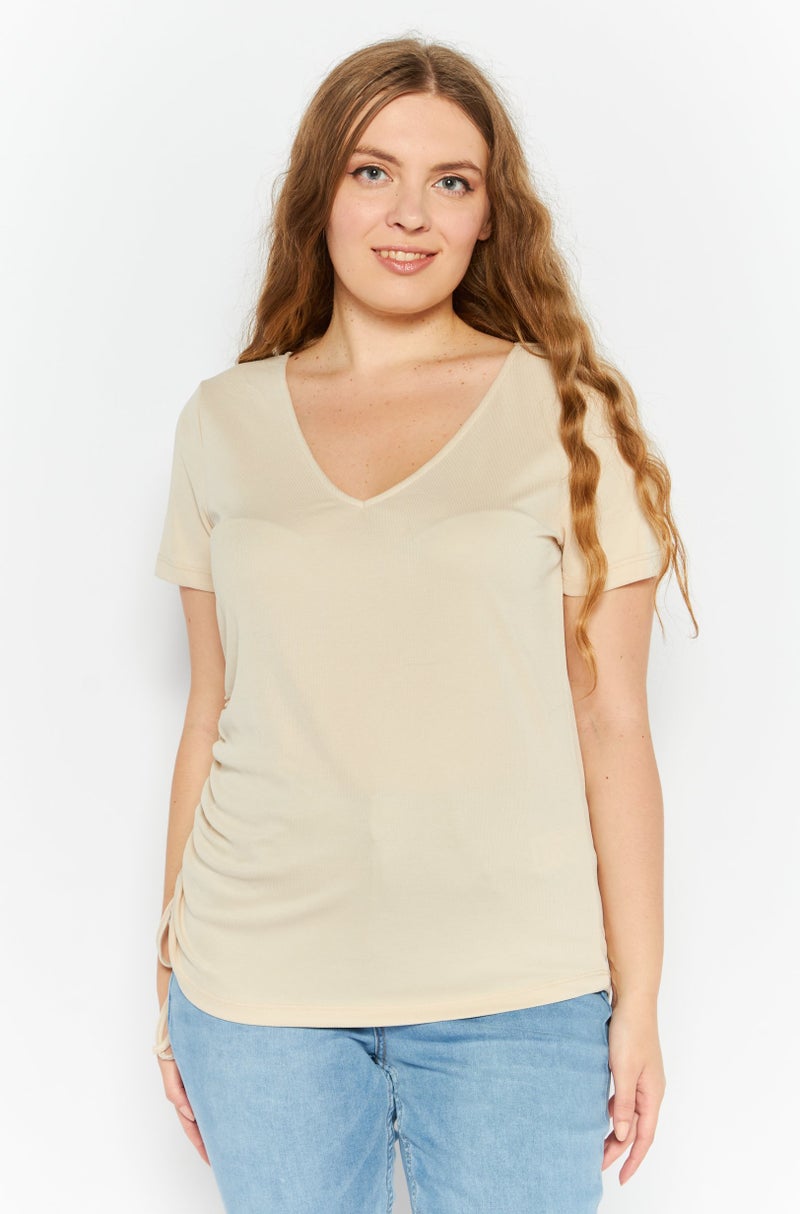 Reserved Women V Neck Short Sleeve Side Ruched Blouse, Beige  - Image 1