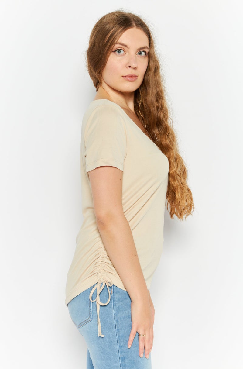 Reserved Women V Neck Short Sleeve Side Ruched Blouse, Beige  - Image 2
