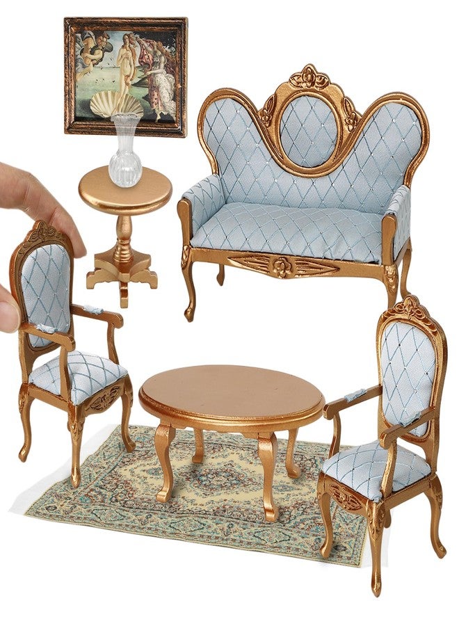 iLAND Victorian Dollhouse Furniture Set, Doll House Furniture and Accessories, Miniature Dollhouse Sofa with 1/12 Scale Accessories 8pcs, Mothers Gift, Wife Gift, Bookshelf Décor (Gold & Blue) - Image 1