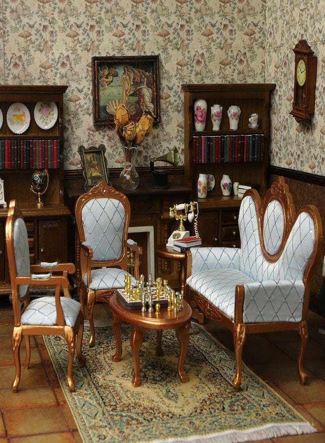 iLAND Victorian Dollhouse Furniture Set, Doll House Furniture and Accessories, Miniature Dollhouse Sofa with 1/12 Scale Accessories 8pcs, Mothers Gift, Wife Gift, Bookshelf Décor (Gold & Blue) - Image 2