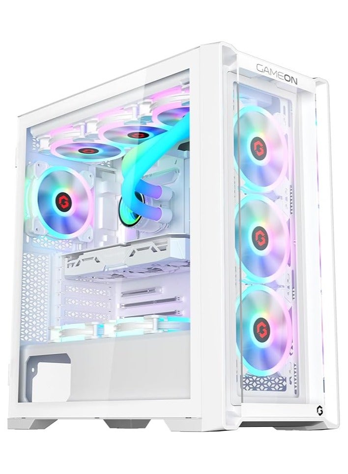 GAMEON Vortex Arctic Series Mid Tower PC Gaming Case 120mm ARGB+PWM Lighting 0.8mm Tempered Glass Pre-installed 4 RGB Cooling Fans Computer case Dust Filters Wide Motherboard Compatibility White - Image 1