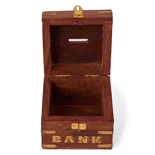 GURU JEE Handmade Indian Wooden Piggy Bank Decoration Unique Keepsake Small Square Piggy Money Saving Bank Gifts for Kids and Adults (Design 2) - Image 3