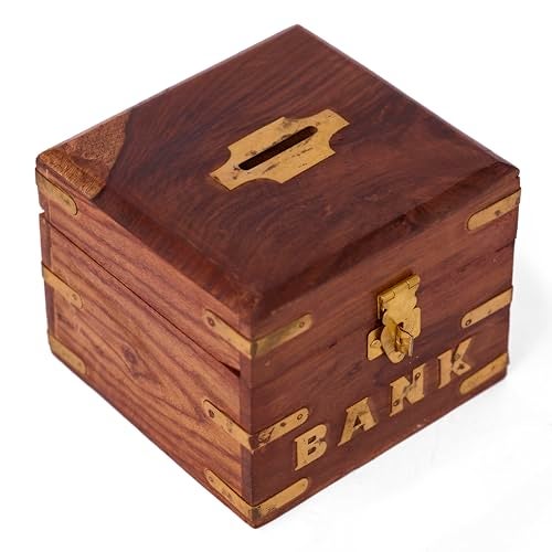 GURU JEE Handmade Indian Wooden Piggy Bank Decoration Unique Keepsake Small Square Piggy Money Saving Bank Gifts for Kids and Adults (Design 2) - Image 1
