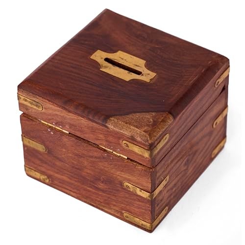 GURU JEE Handmade Indian Wooden Piggy Bank Decoration Unique Keepsake Small Square Piggy Money Saving Bank Gifts for Kids and Adults (Design 2) - Image 2