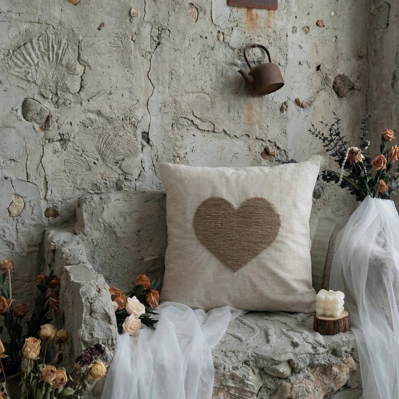 VANNCIO Farmhouse Valentineâ€™s Day Throw Pillow Cover with Textured 3D Jute Twine Heart Embroidery, Neutral Burlap Linen Pillow Case for Rustic Love Decor, 18x18 inches, 1PCS - Image 1