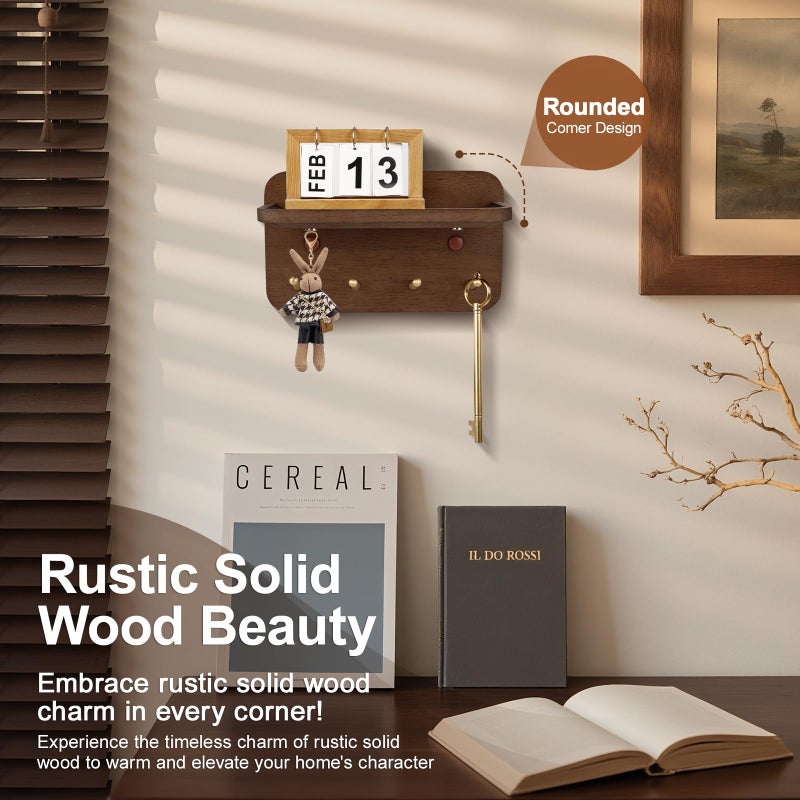 LEIRUOTM Key Holder Wall Mount, Solid Wood Key Holder for Wall with 4 Brass Hooks & Hidden Magnets, 15Â° Incline Hooks & Grooved Design to Prevent Slipping, Vintage Brown Key Hanger - Image 2