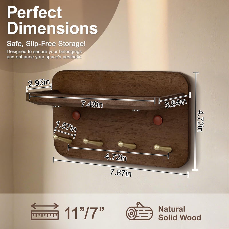LEIRUOTM Key Holder Wall Mount, Solid Wood Key Holder for Wall with 4 Brass Hooks & Hidden Magnets, 15Â° Incline Hooks & Grooved Design to Prevent Slipping, Vintage Brown Key Hanger - Image 3