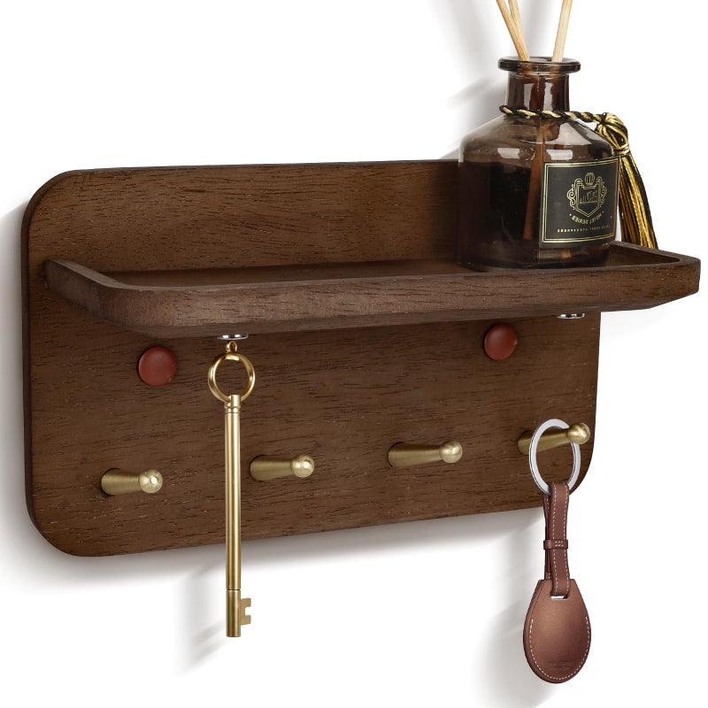 LEIRUOTM Key Holder Wall Mount, Solid Wood Key Holder for Wall with 4 Brass Hooks & Hidden Magnets, 15Â° Incline Hooks & Grooved Design to Prevent Slipping, Vintage Brown Key Hanger - Image 1
