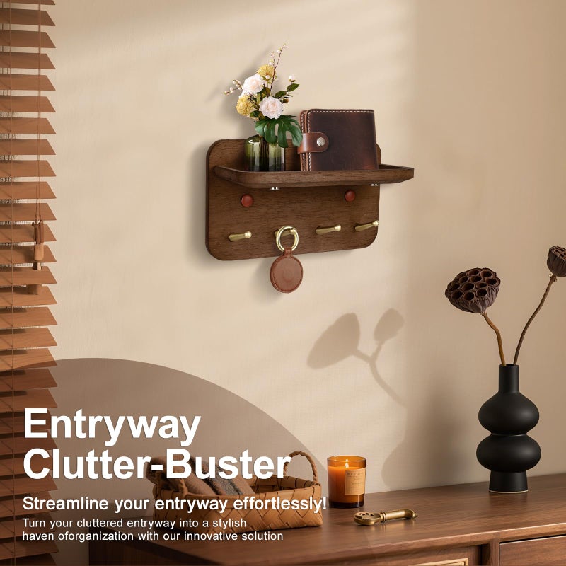 LEIRUOTM Key Holder Wall Mount, Solid Wood Key Holder for Wall with 4 Brass Hooks & Hidden Magnets, 15Â° Incline Hooks & Grooved Design to Prevent Slipping, Vintage Brown Key Hanger - Image 4
