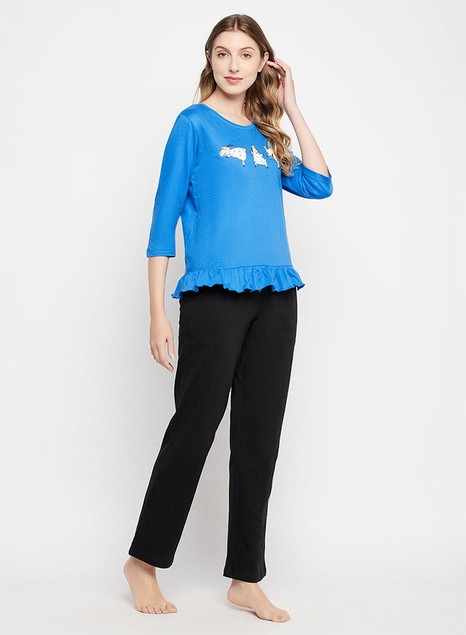 Clovia Graphic Print Top in Sky Blue & Chic Basic Pyjama in Black - 100% Cotton - Image 5