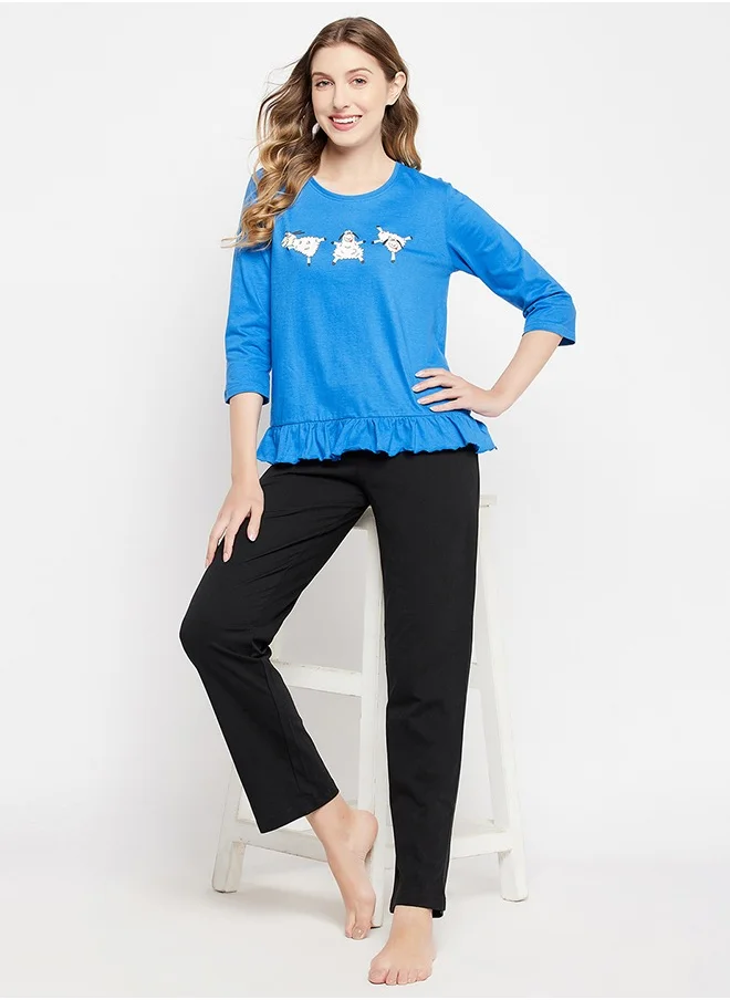 كلوفيا Clovia Graphic Print Top in Sky Blue & Chic Basic Pyjama in Black - 100% Cotton