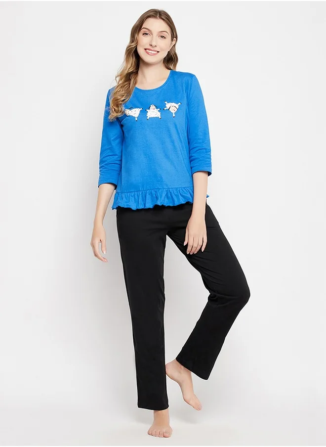 Clovia Clovia Graphic Print Top in Sky Blue & Chic Basic Pyjama in Black - 100% Cotton