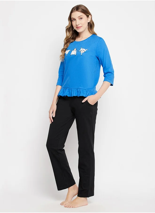 Clovia Clovia Graphic Print Top in Sky Blue & Chic Basic Pyjama in Black - 100% Cotton