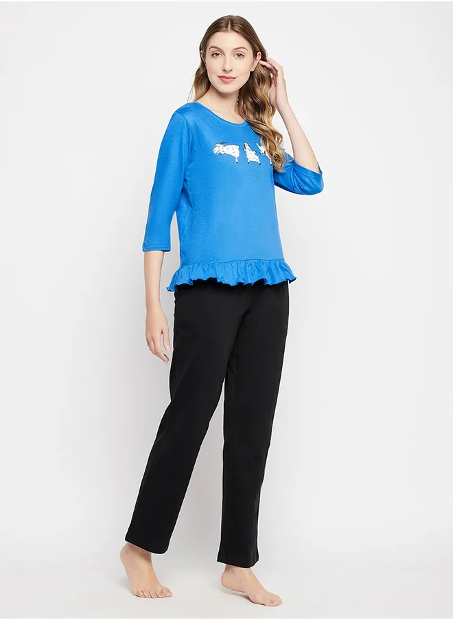 Clovia Clovia Graphic Print Top in Sky Blue & Chic Basic Pyjama in Black - 100% Cotton
