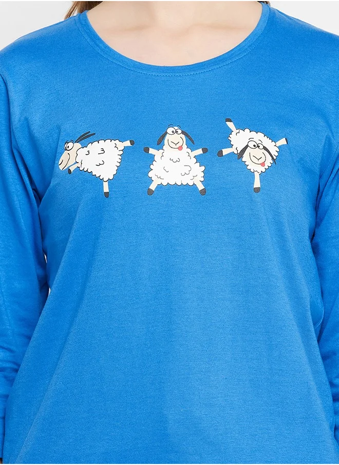 Clovia Clovia Graphic Print Top in Sky Blue & Chic Basic Pyjama in Black - 100% Cotton