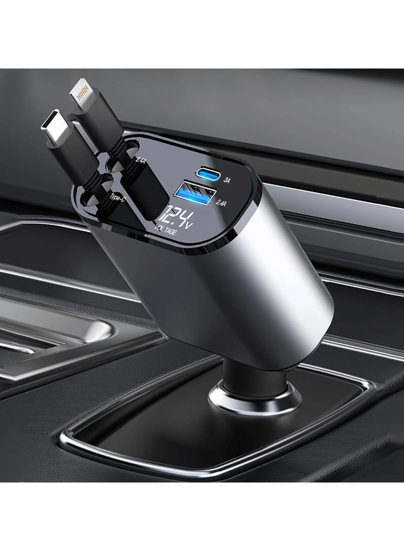 Retractable Car Charger with 66W, 4 in 1 Car Fast Charger for iPhone and Type C, Retractable Cables (31.5 inch) and 2 Charging Ports, Compatible with iPhone 15/14/13/12 Pro Max XR,iPad,Samsung,Pixel - Image 1