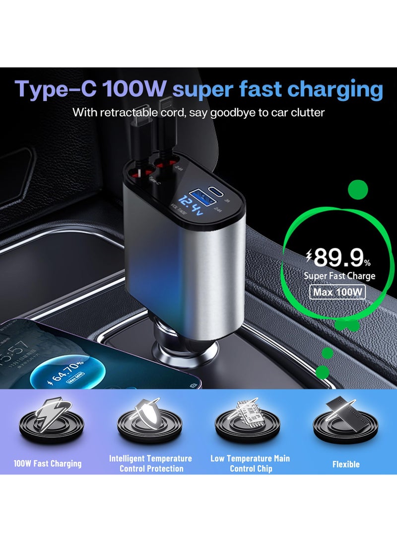Retractable Car Charger with 66W, 4 in 1 Car Fast Charger for iPhone and Type C, Retractable Cables (31.5 inch) and 2 Charging Ports, Compatible with iPhone 15/14/13/12 Pro Max XR,iPad,Samsung,Pixel - Image 3