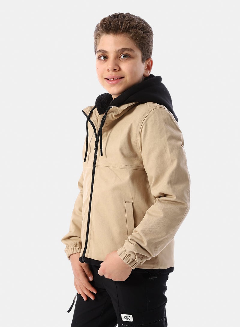 Andora Bi Tone Gabardine Boys' Hooded Jacket - Beige & Black - Image 2