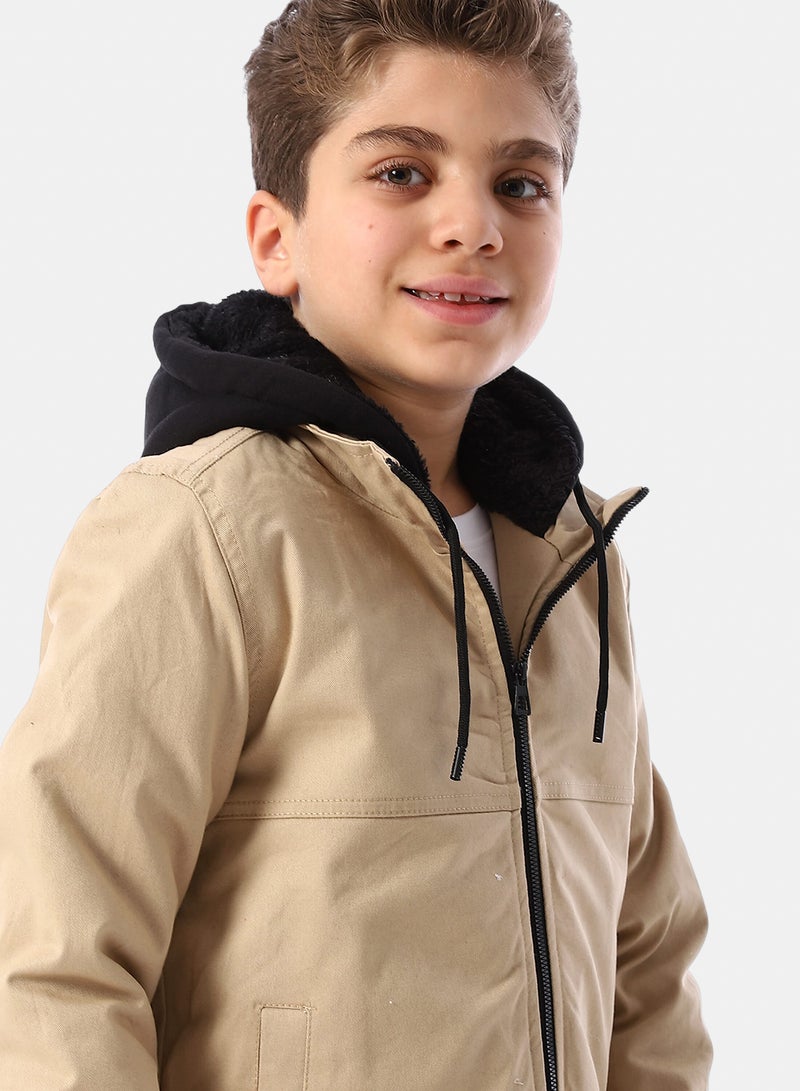 Andora Bi Tone Gabardine Boys' Hooded Jacket - Beige & Black - Image 4