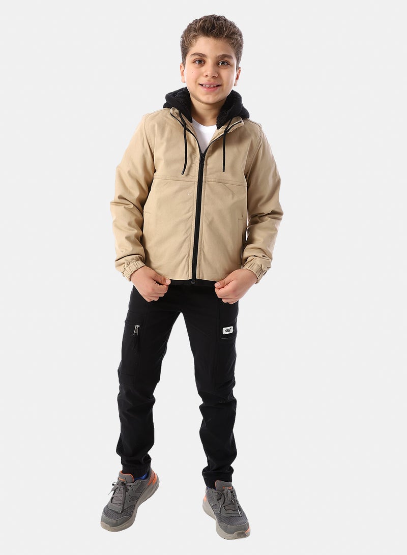 Andora Bi Tone Gabardine Boys' Hooded Jacket - Beige & Black - Image 5