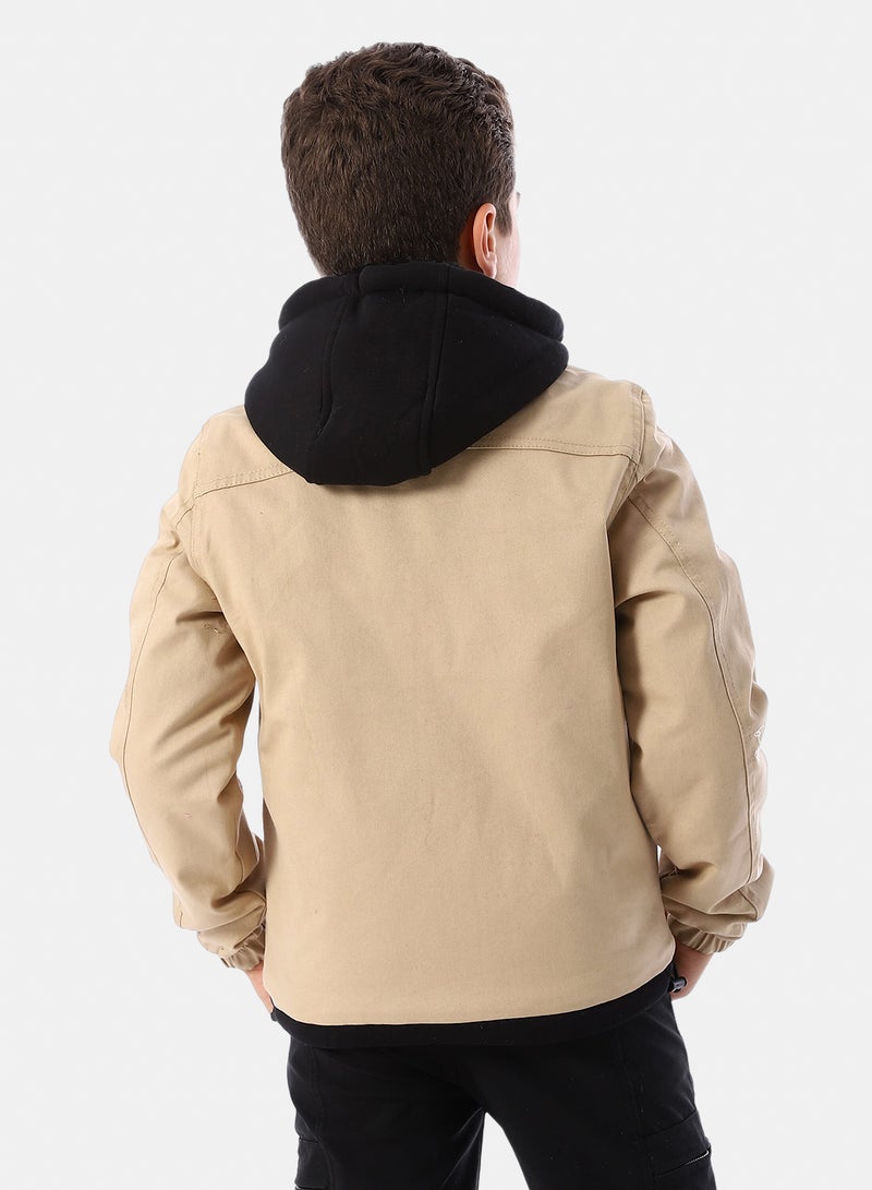 Andora Bi Tone Gabardine Boys' Hooded Jacket - Beige & Black - Image 3