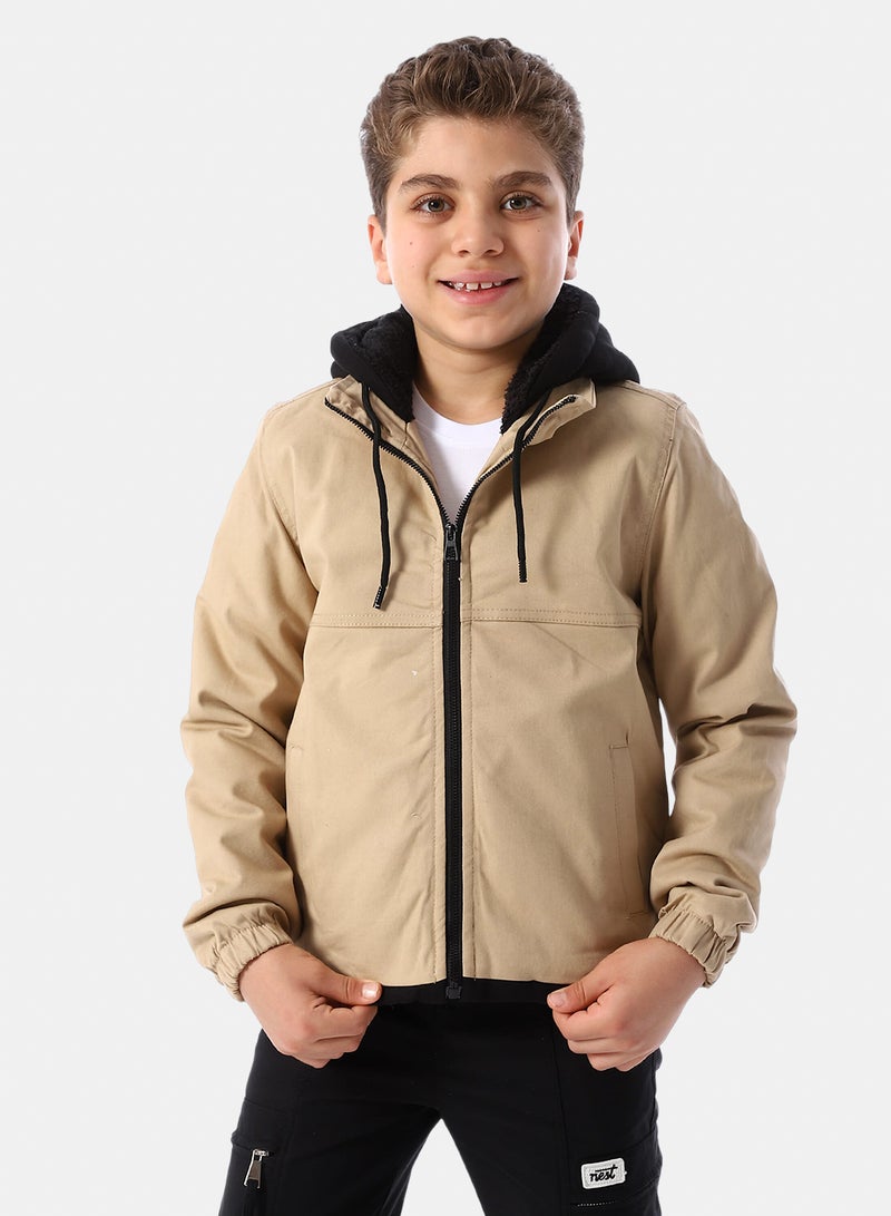 Andora Bi Tone Gabardine Boys' Hooded Jacket - Beige & Black - Image 1