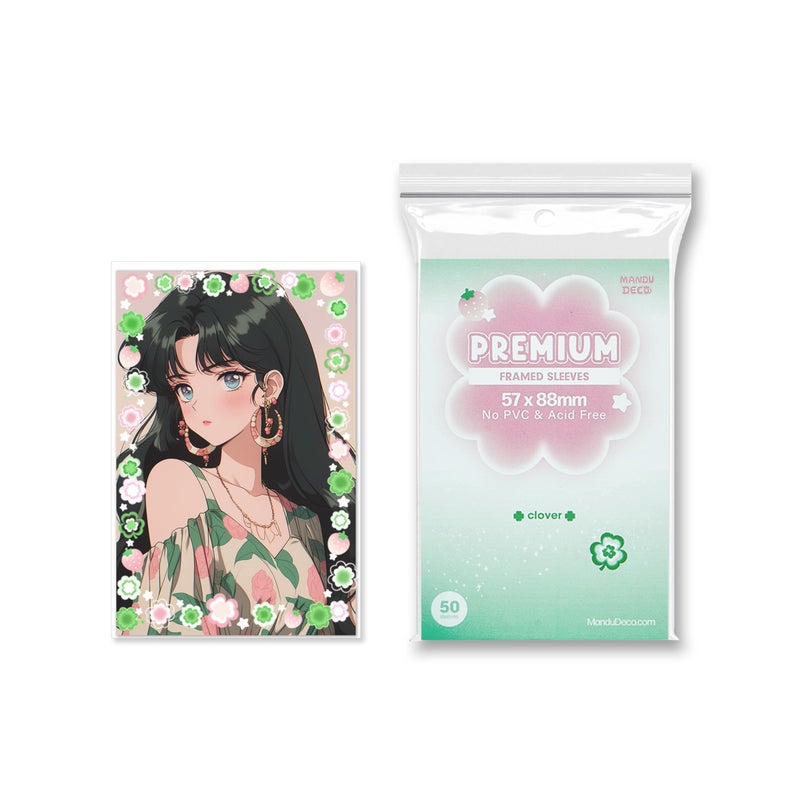 Mandu Deco Four Leaf Clover Frame Sleeve, Polypropylene Card Protector for Kpop Album Photocards, PVC Free and Acid Free, 50 Sleeves Per Pack (57x88mm) - Image 1