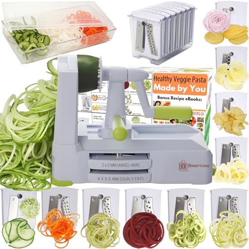 Brieftons 10-Blade Vegetable Spiralizer: Strongest-Heaviest Duty Spiral Slicer, Best Veggie Pasta Spaghetti Maker for Low Carb/Paleo/Gluten-Free, With Container, Lid, Blade Caddy, 4 Recipe Ebooks - Image 1