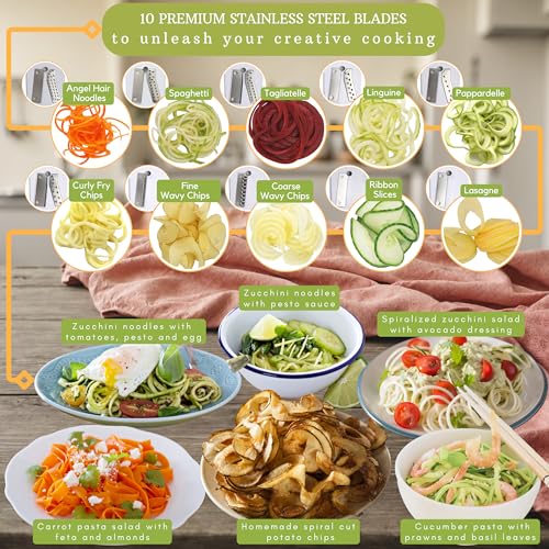 Brieftons 10-Blade Vegetable Spiralizer: Strongest-Heaviest Duty Spiral Slicer, Best Veggie Pasta Spaghetti Maker for Low Carb/Paleo/Gluten-Free, With Container, Lid, Blade Caddy, 4 Recipe Ebooks - Image 4