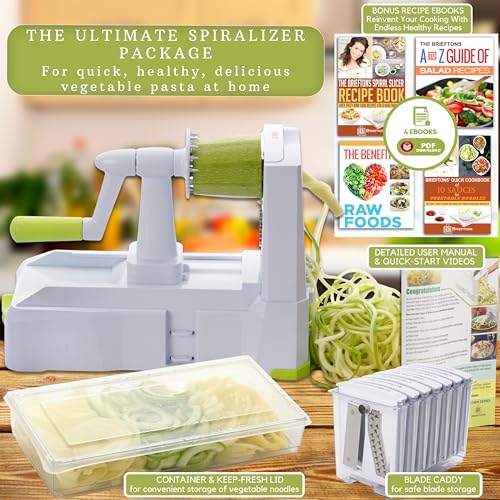 Brieftons 10-Blade Vegetable Spiralizer: Strongest-Heaviest Duty Spiral Slicer, Best Veggie Pasta Spaghetti Maker for Low Carb/Paleo/Gluten-Free, With Container, Lid, Blade Caddy, 4 Recipe Ebooks - Image 3