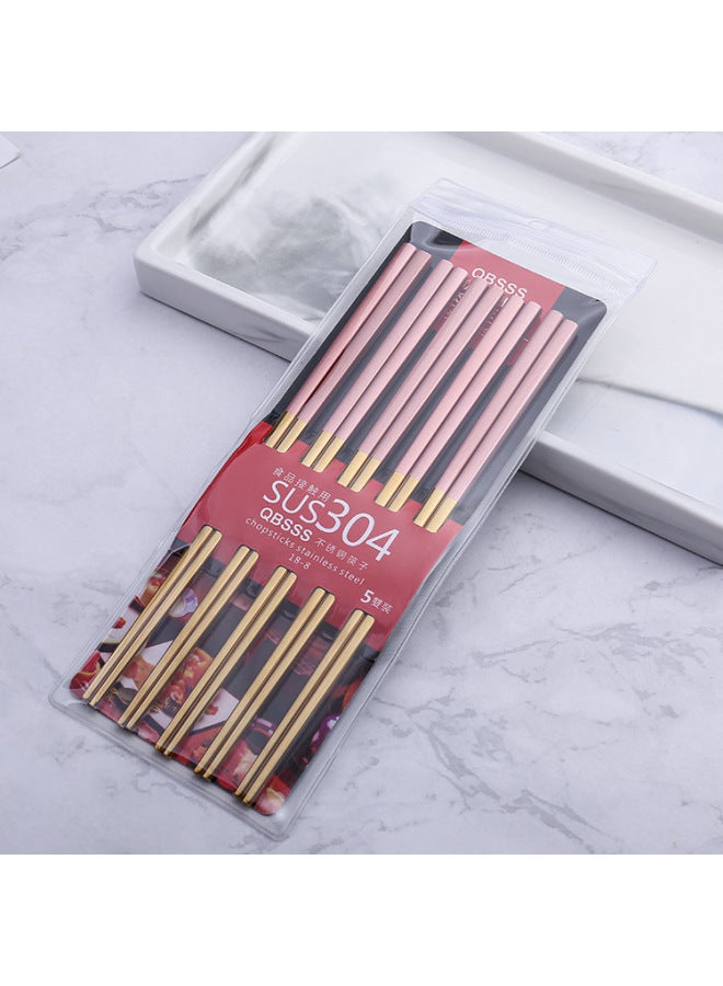 Q Household Chopsticks 304 Stainless Steel All-square Chopsticks Restaurant Hotel Lengthened Public Chopsticks Five Pair Of Titanium-plated Chopsticks-Color:Pink Gold Five Double Color Card  - Image 1