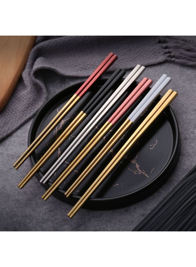 Q Household Chopsticks 304 Stainless Steel All-square Chopsticks Restaurant Hotel Lengthened Public Chopsticks Five Pair Of Titanium-plated Chopsticks-Color:Pink Gold Five Double Color Card  - Image 5