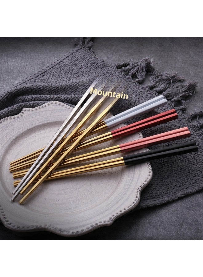 Q Household Chopsticks 304 Stainless Steel All-square Chopsticks Restaurant Hotel Lengthened Public Chopsticks Five Pair Of Titanium-plated Chopsticks-Color:Pink Gold Five Double Color Card  - Image 2